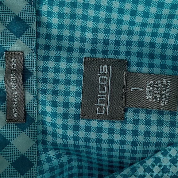 Chico's Teal Gingham Check Wrinkle Resistant Button Down Shirt Size Medium - Picture 7 of 7